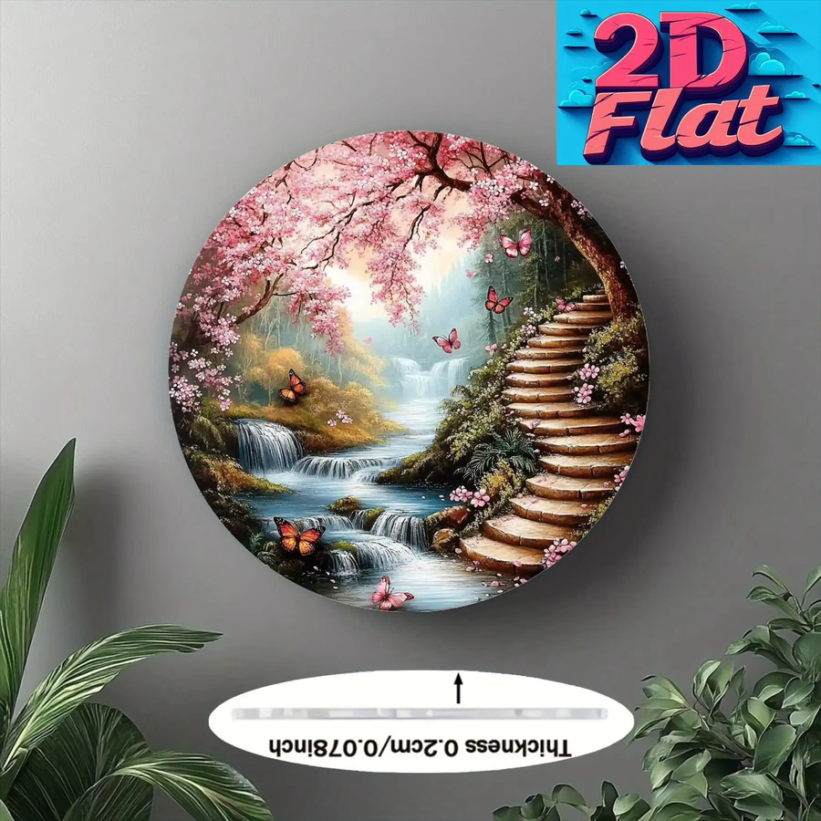 Potdemiel 2D-Retro-Aluminium-Wandkunst Rund mit Kirschblüten, Schmetterlingen und Wasserfall-Waldlandschaft in Mehrfarbig - Bild 4