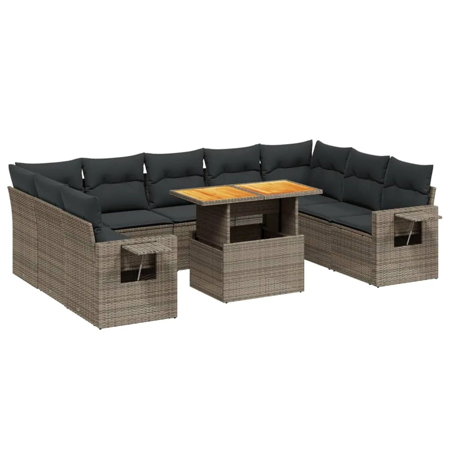 vidaXL 10-tlg Garten-Sofagarnitur in L-Form aus Poly-Rattan und Akazienholz mit Kissen in Grau - Bild 2