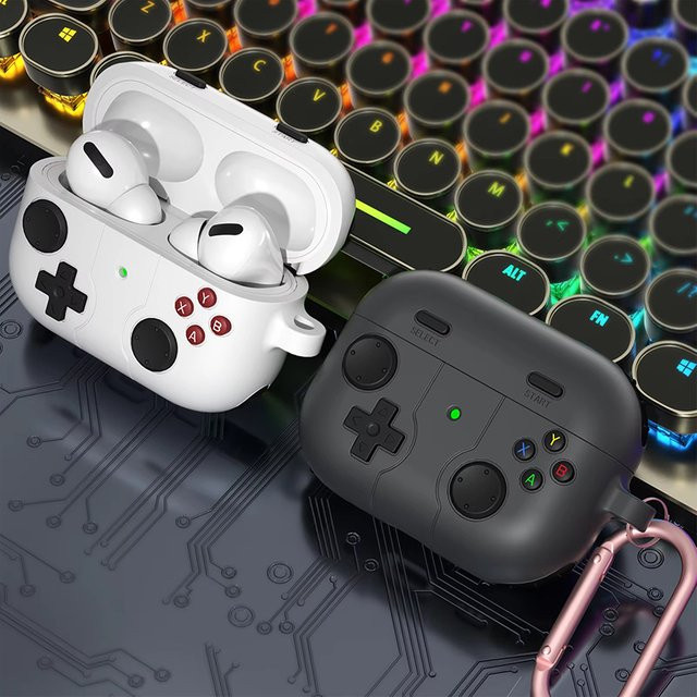 Silikon-Ohrhörerhülle im 3D Cartoon Gamepad Design für Apple AirPods Pro 1 und 2 sowie AirPods 4, Schutzhülle mit Haken, Farbe: Schwarz - Bild 1