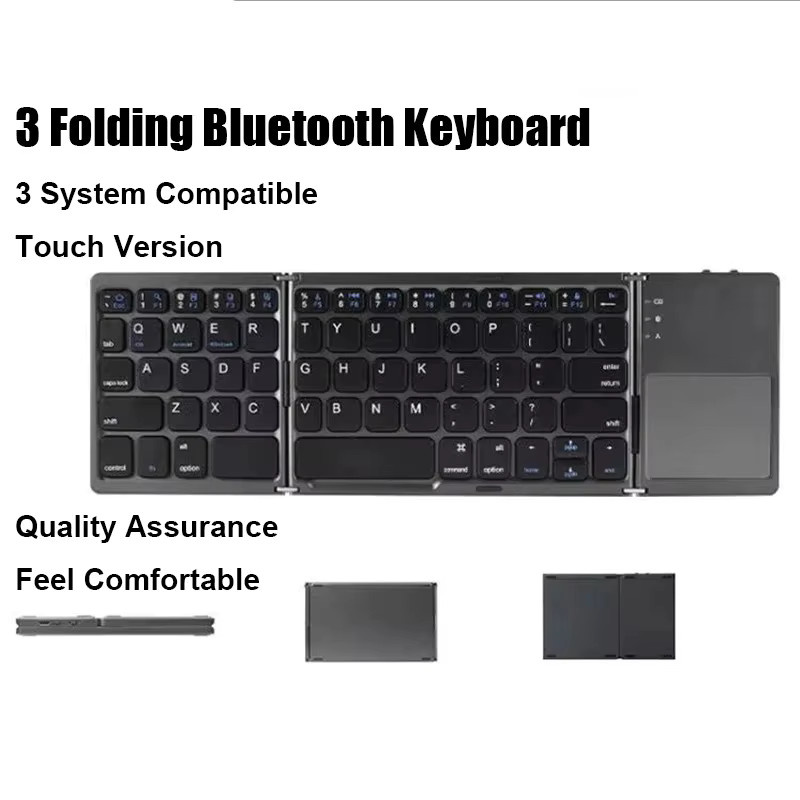 Kebidumei Dreifach gefaltete Bluetooth-Tastatur mit Touchpad, tragbare Mini-Tastatur, wiederaufladbare kabellose Tastatur für Windows, Android und iOS, Schwarz - Bild 4