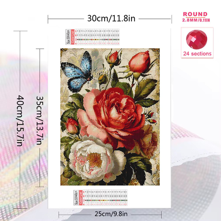 Momoart DIY Blumen-Diamant-Stickerei Pfingstrosen-Gemälde mit Schmetterling, buntes Diamant-Mosaik Set für Erwachsene, B/H: 30 x 20 cm - Bild 2
