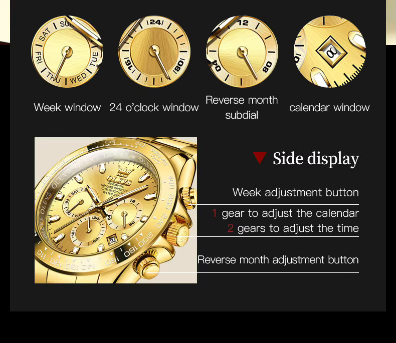 OLEVS Chronograph Automatik, Edelstahl, Gold, Schwarz, Herren - Bild 4