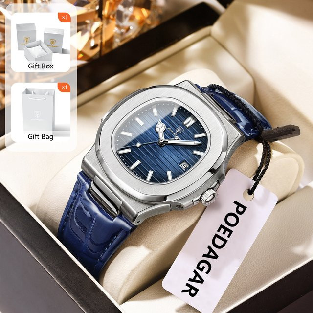 POEDAGAR Armbanduhr, Quarz, Edelstahl, Leder, Blau, Herren - Bild 1