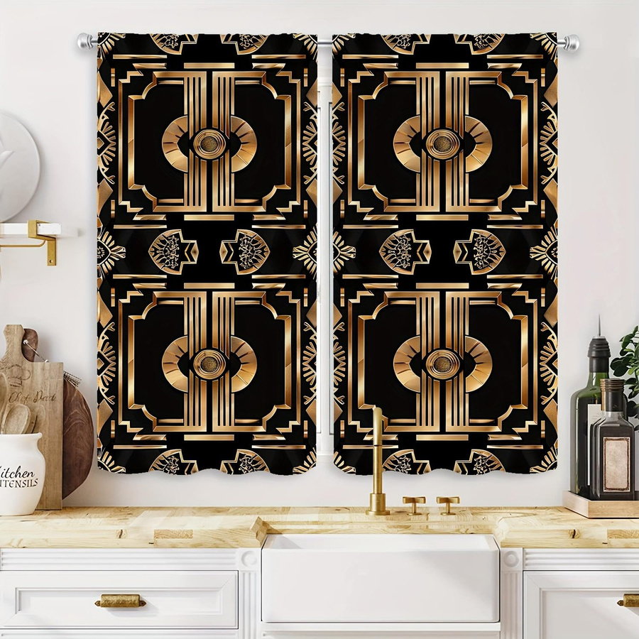 2er-Set Yiran Furniture Dekorative Vorhänge mit goldenem Muster in Schwarz-Gold, semi-transparent, B: 100 cm, H: 130 cm - Bild 1