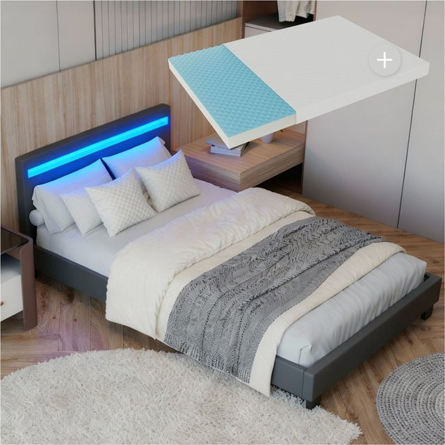 Juskys Polsterbett Paris Einzelbett in Grau mit Matratze, Lattenrost und LED-Beleuchtung, B: 90 cm, L: 200 cm - Bild 1