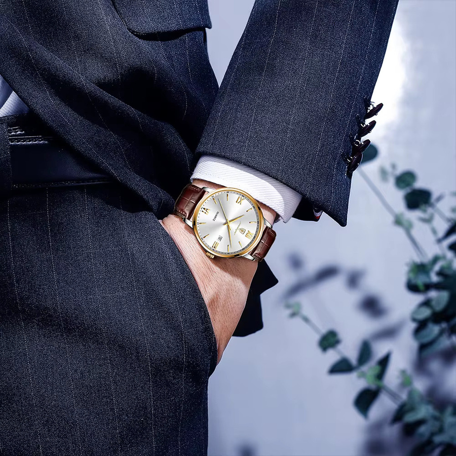 POEDAGAR Armbanduhr Quarz, Leder, Gold, Herren - Bild 6
