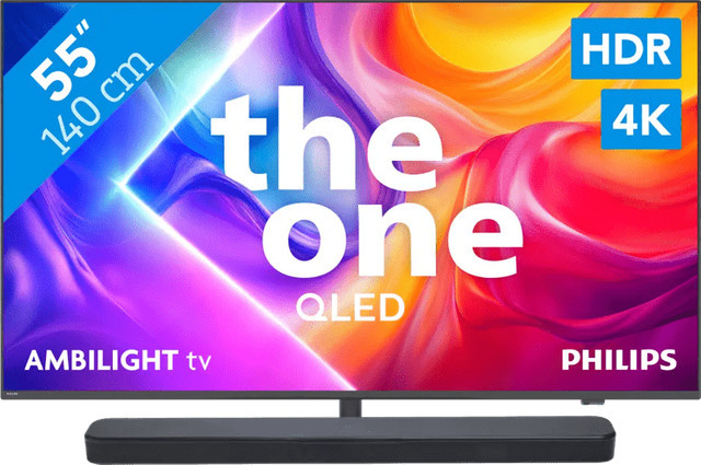 Philips Ambilight QLED 4K UHD Fernseher 55 Zoll PUS9000 (2025) mit JBL Bar 300 MK2 Soundbar in Schwarz - Bild 1