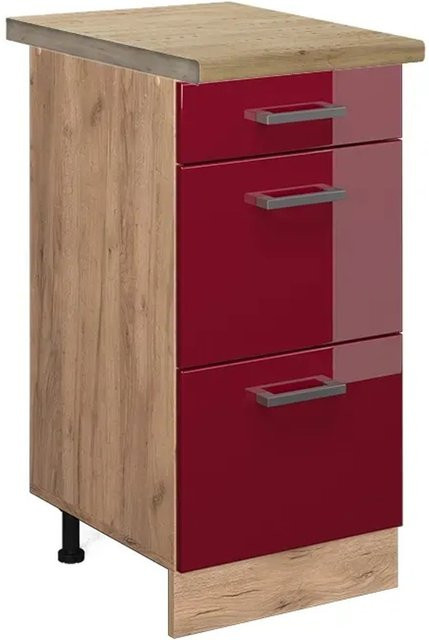 Vicco Küchenunterschrank R-Line Bordeaux Hochglanz in Goldkraft Eiche mit Schubladen, Breite: 40 cm, Tiefe: 60 cm, Höhe: 81,6 cm - Bild 1