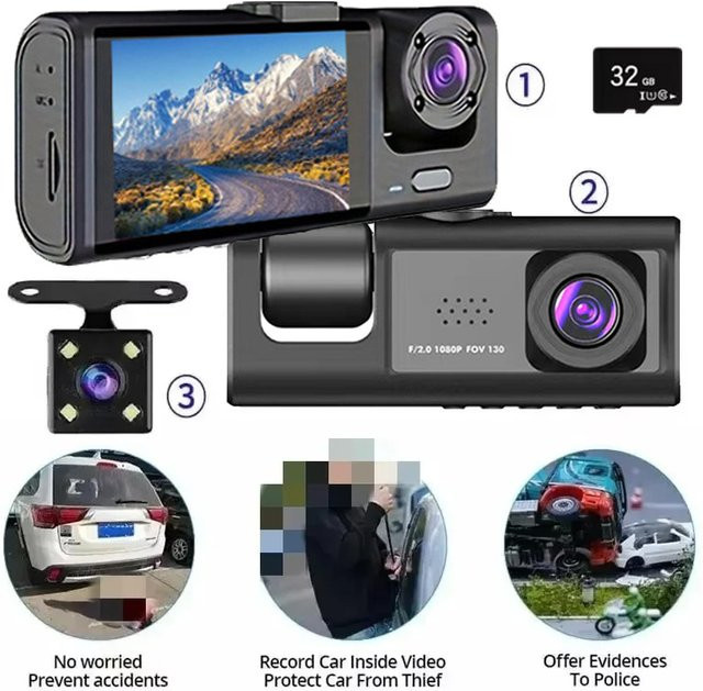 Baideluo 3-Kamera Dashcam mit 1080P Full HD, IR-Nachtsicht, Loop-Aufzeichnung und 2 Zoll IPS-Bildschirm in Schwarz - Bild 1