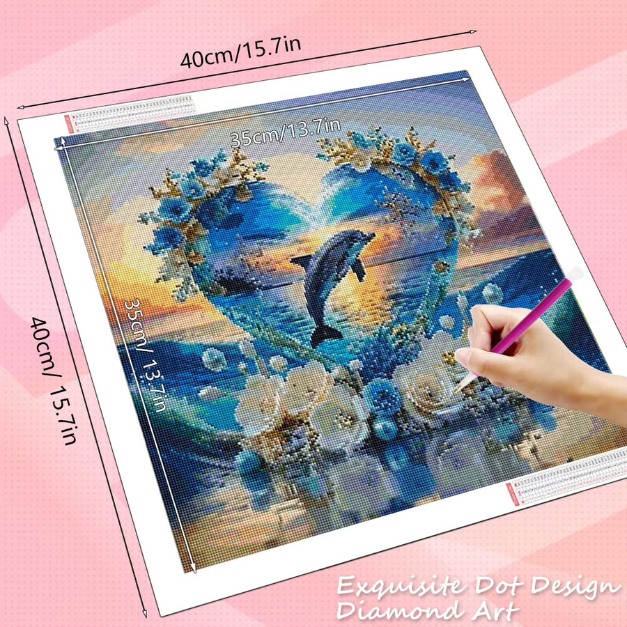 HUACAN Diamant-Mosaik Set Delfin im Meer bei Sonnenuntergang, rundes Diamant-Malerei-Set mit Strasssteinen, Durchmesser: 20 cm - Bild 2
