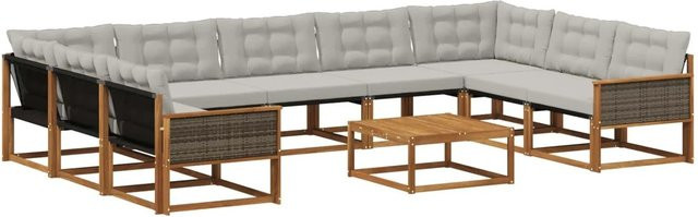 vidaXL Outdoor-Sofagarnitur aus massivem Akazienholz mit 10 Textilene-Kissen in Natur und Grau - Bild 1