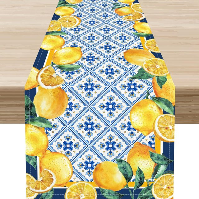 JMG Household Supplies Tischläufer aus Leinen mit blauem Zitronen- und Keramikblatt-Design, B/H: 150 x 33 cm - Bild 1