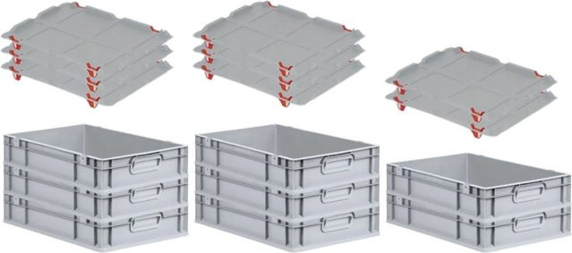 PROREGAL SuperSparSet 8x Eurobox NextGen Grip mit Auflagedeckel und roten Schiebeschnappverschlüssen, Grau, H x B x T: 12 x 40 x 60 cm - Bild 1