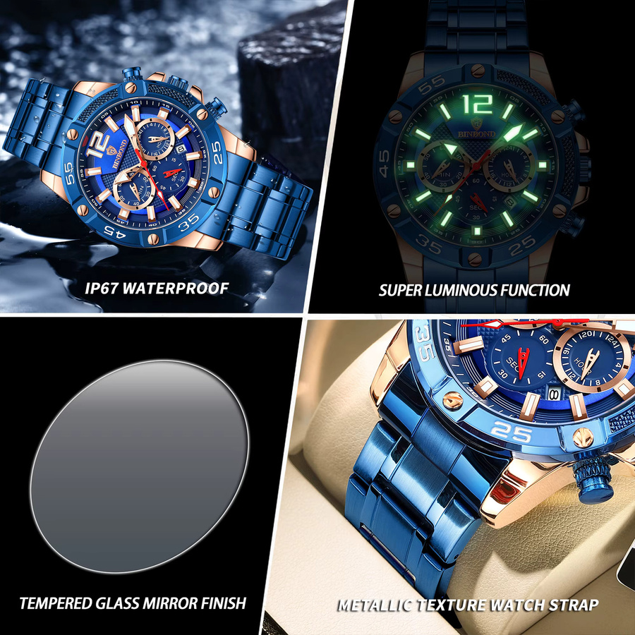 BINBOND Armbanduhr Edelstahl, Quarz, Blau, Bicolor, Herren - Bild 6