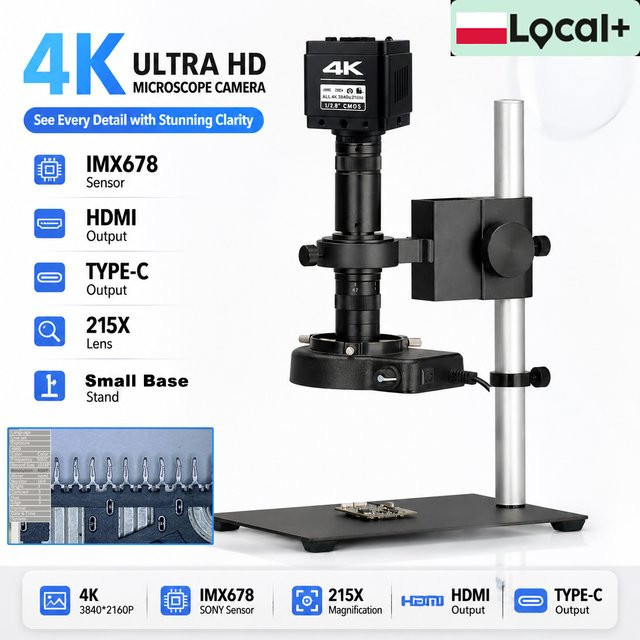 YIZHAN UHD 4K Elektronisches Videomikroskop mit 1/1.8'' Sensor, HDMI und USB, 1080P 60FPS, 215X Verstellbares Objektiv, Ringlicht, Standfuß und Fernbedienung, Schwarz - Bild 1