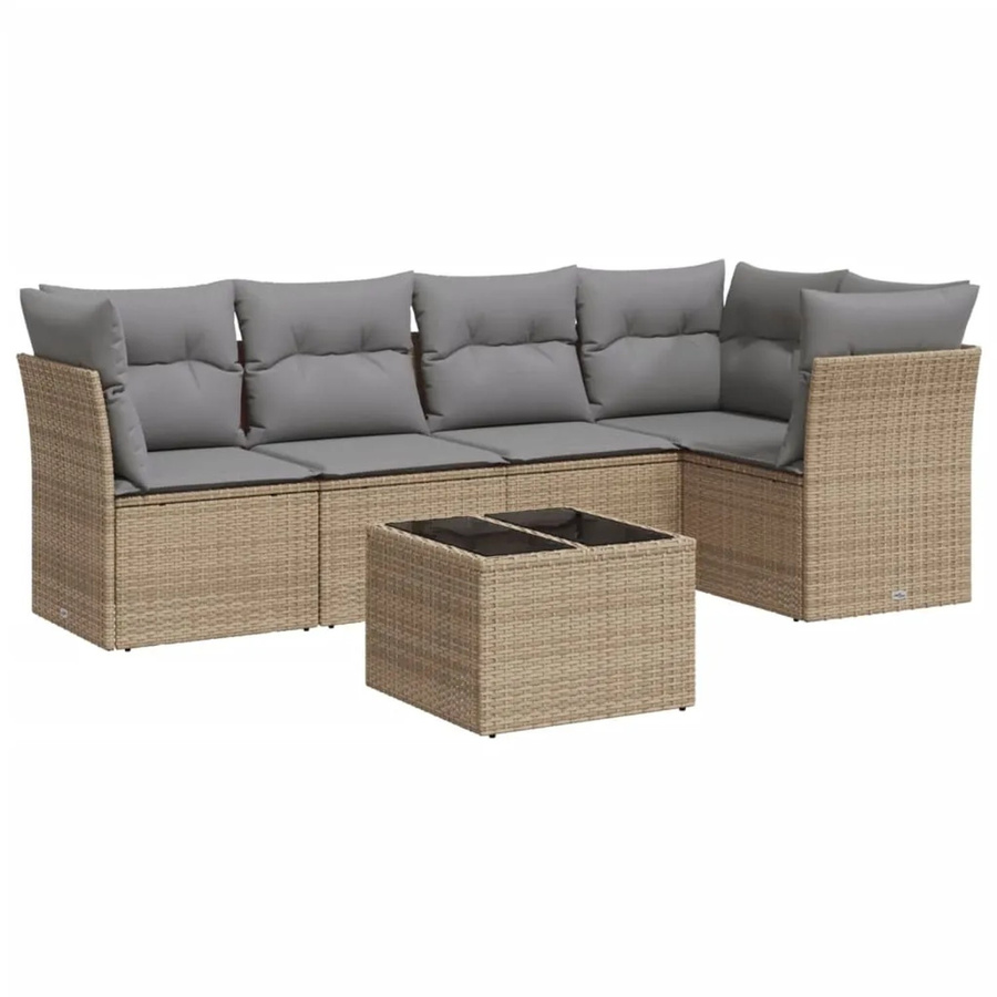 vidaXL 6-tlg Garten-Sofagarnitur in L-Form mit Polsterkissen und Couchtisch, Beige, Poly Rattan und Metallgestell - Bild 2