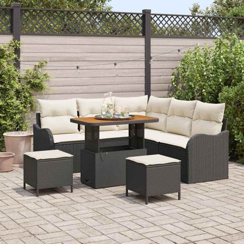 Vidaxl Polyrattan Garten-Sofa-Set mit 8-teiligen Kissen und Hocker, Schwarz und Creme, B/T/H: 90 x 55 x 71 cm - Bild 1