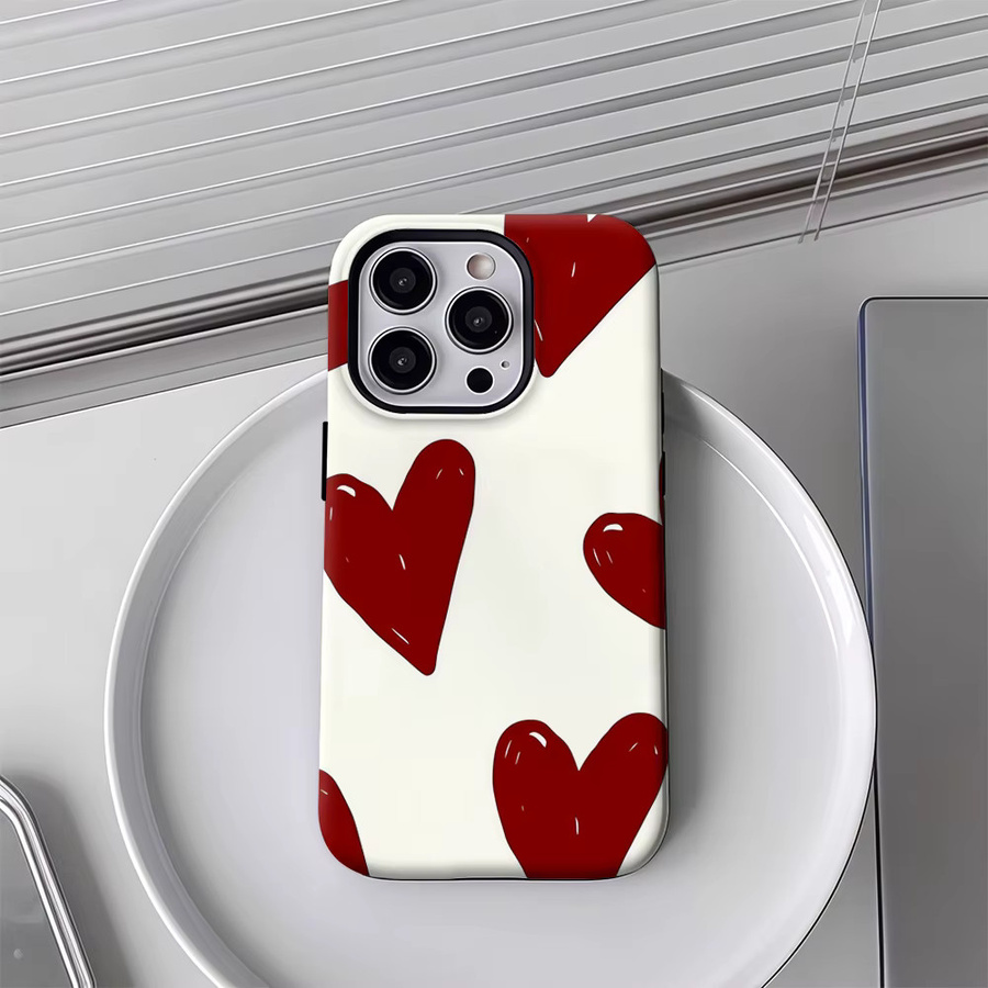 Apple iPhone Handyhülle mit rotem Herzmuster und doppelschichtiger Rückseite - Bild 3