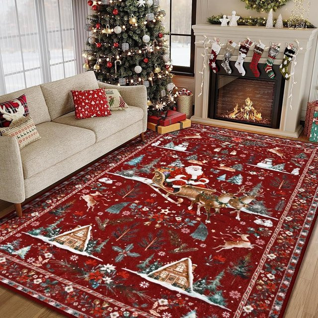 Lodestar Weihnachtsteppich mit Weihnachtsmann und Rentier in Rot, rutschfeste Matte für Wohnzimmer und Heimdekoration, B/T: 60 x 40 cm - Bild 1