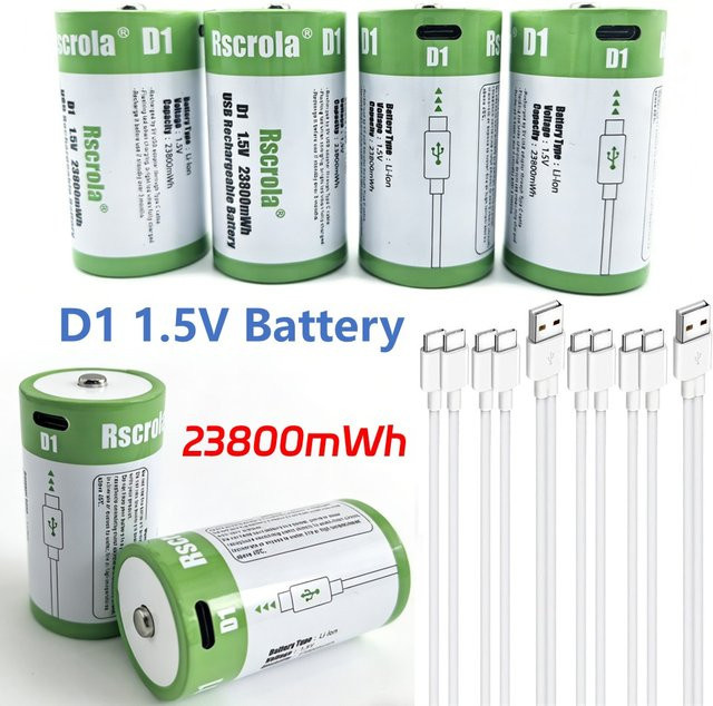 Rscrola Wiederaufladbare D-Zellen-Batterien 1,5V mit Ladekabel, 23800mWh, Grün - Bild 1