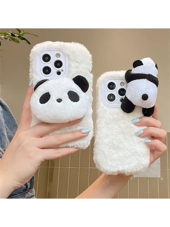 MUQGEW Panda Plüsch Handyhülle für iPhone 16 15 14 13 12 11 Pro Max Plus in Weiß mit 3D Cartoon Design und stoßfestem Schutz - Bild 2