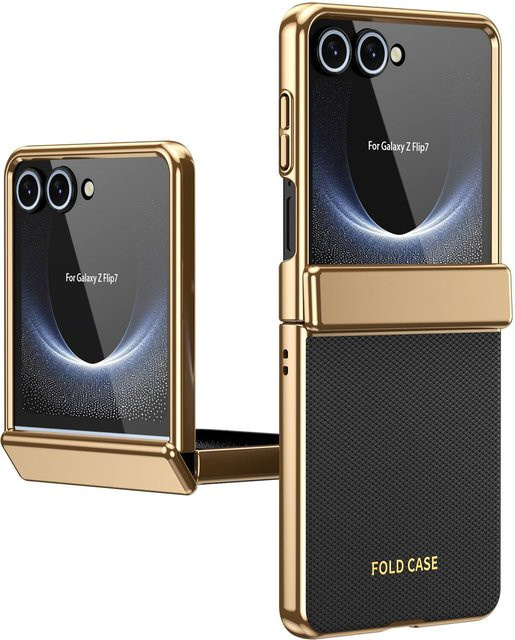 Samsung Galaxy Z Flip6 5 4 3 Handyhülle mit gehärteter Folie und galvanisiertem Rahmen im Lederdesign, Schwarz - Bild 1