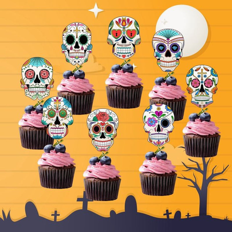 Buntes Halloween Schädel Banner aus Papier als hängende Dekoration und Kuchen Topper für deine Party - Bild 1