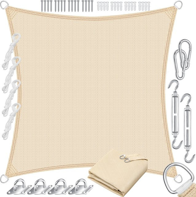 KESSER Sonnensegel als Sonnenschutz und Windschutz aus beige HDPE Gewebe, quadratisch, wasserabweisend und windabweisend - Bild 1