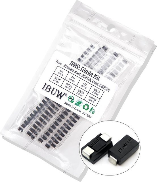 PUMUDDSY SMD Dioden Kit mit 200 Stück in Schwarz, 8 verschiedene Werte je 25 Stück für Elektronik DIY Projekte - Bild 1