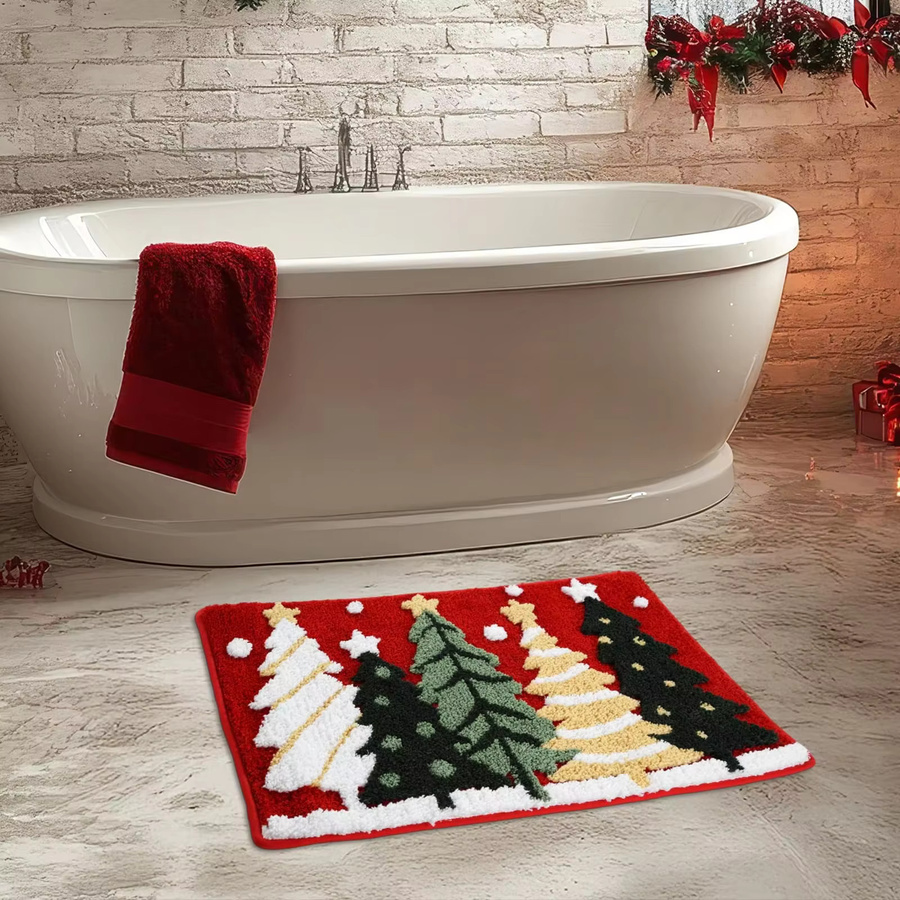 VIKAMA Weihnachtsbaum Badezimmerteppich mit Schneeflocken-Design, rot, rutschfest und waschbar, B/T: 60 x 40 cm - Bild 3