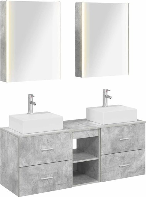 vidaXL Badezimmermöbel-Set 5-teilig in Betongrau mit Spiegelschrank, Waschtischunterschrank und Wandschrank aus Holz und Glas mit LED-Beleuchtung - Bild 1