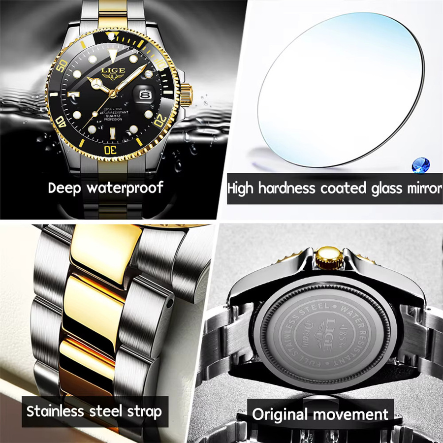LIGE Armbanduhr Quarz, Edelstahl, Schwarz, Herren - Bild 5