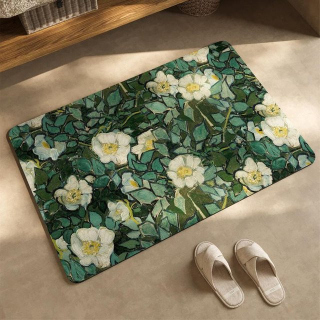 Wasserabsorbierende und rutschfeste Badezimmerbodenmatte aus Diatomeenerde in Grün mit floralem Design, B/T: 60 x 40 cm - Bild 1