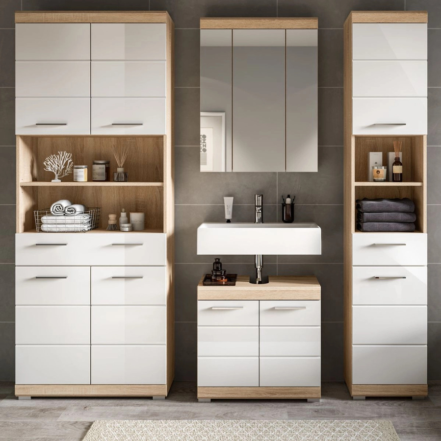 Badmöbel Set Mambo 4-teilig in Weiß Hochglanz und Eiche mit Waschtischunterschrank, Spiegelschrank und Hochschrank - Bild 4