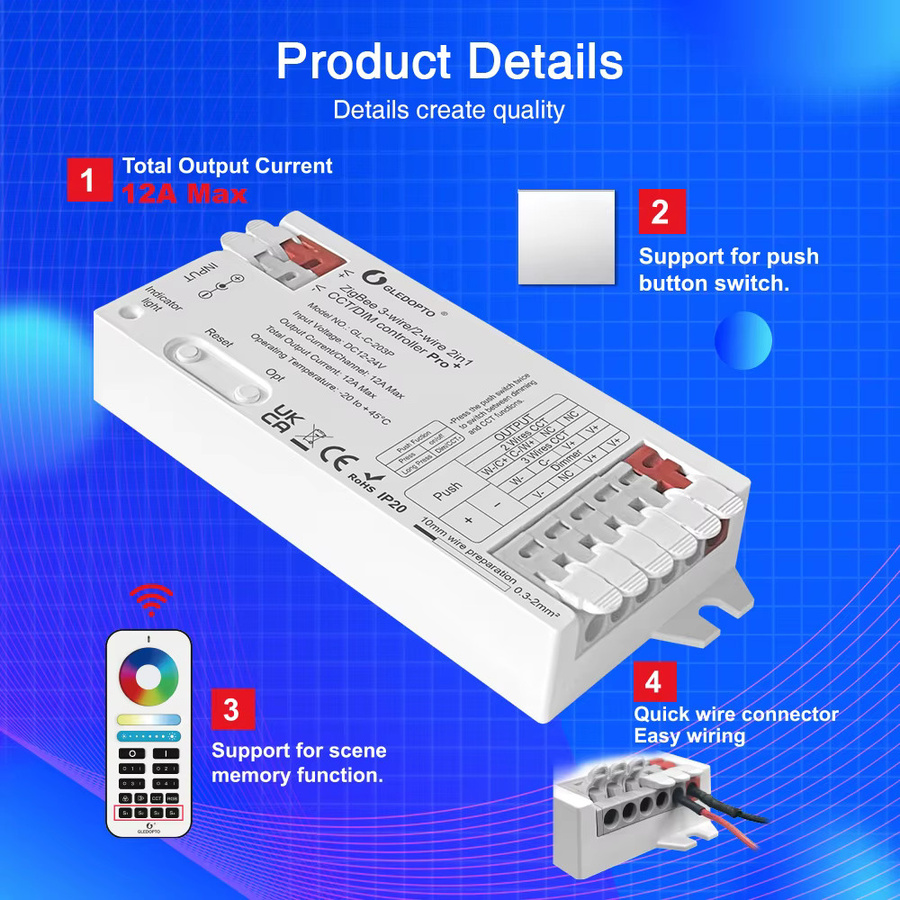 GLEDOPTO ZigBee 3.0 Pro+ 2-in-1 CCT Dimmer LED-Streifen-Controller für DC12-24V mit max. 12A, kompatibel mit Alexa und Homey App-Steuerung - Bild 2