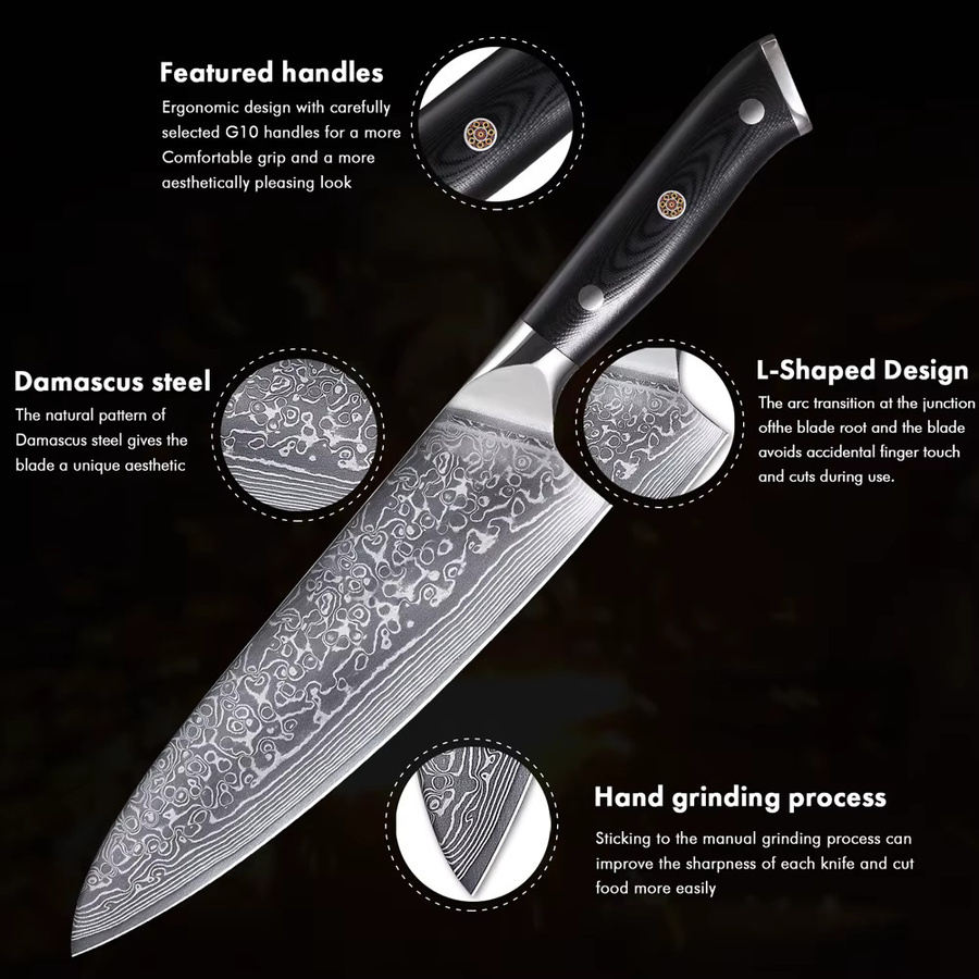 MOSTODOZO Profi-Kochmesser aus Damaszener Stahl mit G10-Griff, 8 Zoll Küchenmesser zum Schneiden von Fleisch, Obst und Fisch - Bild 5