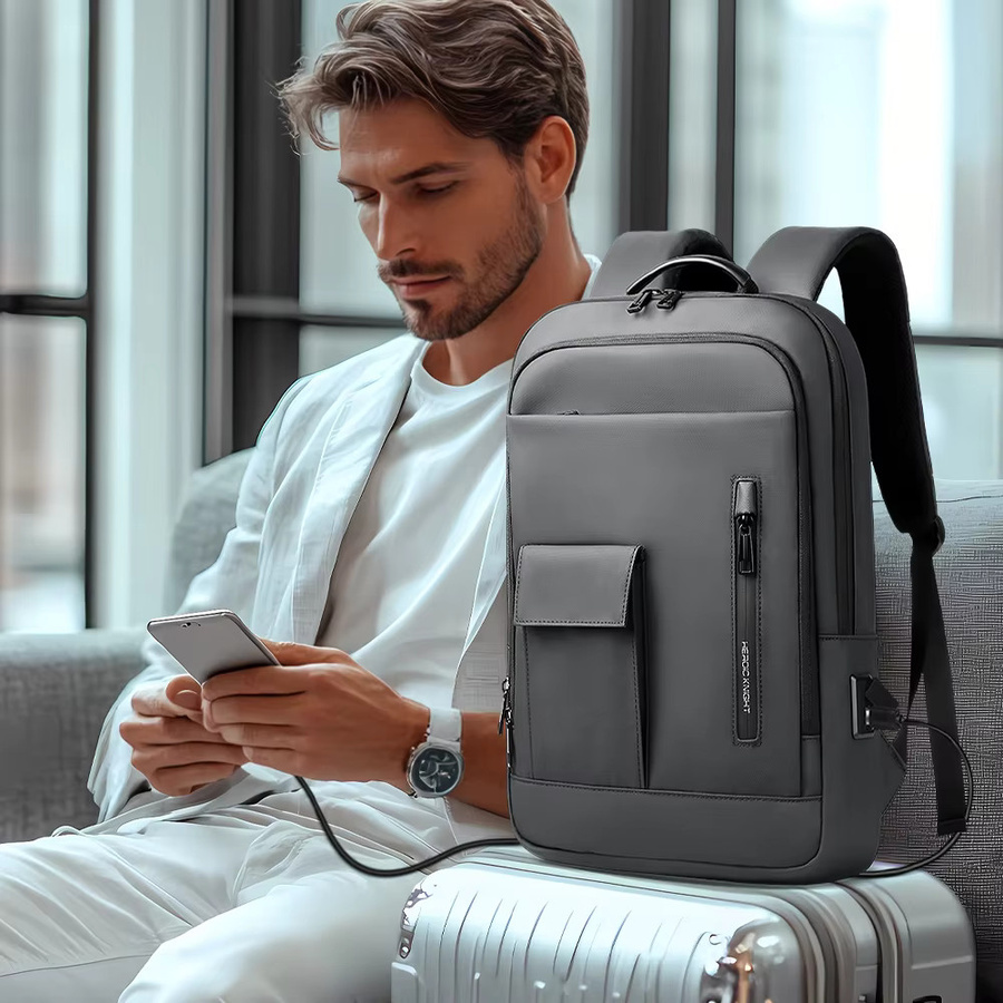 HK Business-Rucksack für Herren, wasserdichter Laptop-Rucksack für 15,6 Zoll mit USB-C-Anschluss und Diebstahlsicherung, Schwarz - Bild 3