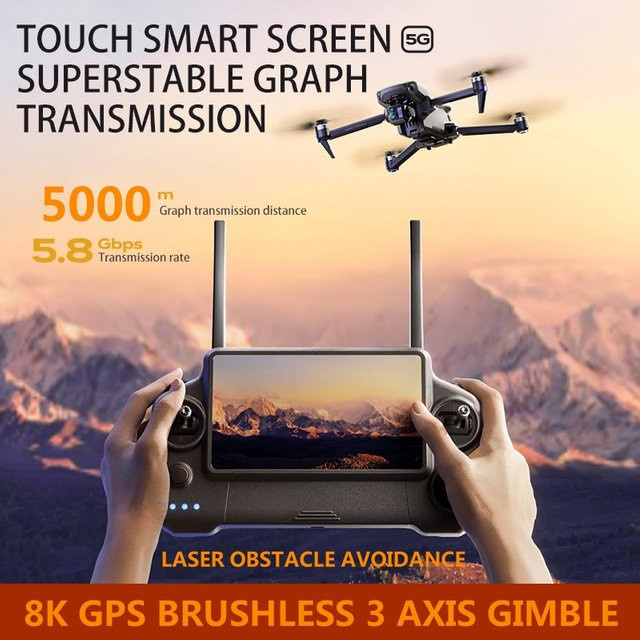 5KM GPS Quadcopter mit 8K Kamera, 3-Achsen Gimbal, Hindernisvermeidung und digitalem Touchscreen FPV RC Drohne mit Fernbedienung - Bild 1