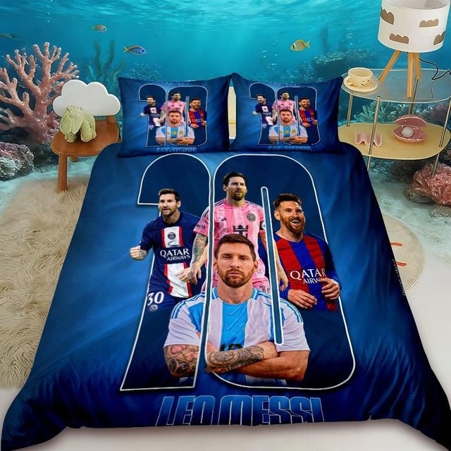 Bettwäsche-Set Flylo mit Messi Fußball-Print für Kinder und Jugendliche, Blau, B/H: 180 x 210 cm - Bild 1