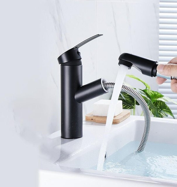 Wasserfall-Waschbeckenarmatur aus Messing mit Heiß- und Kaltwassermischer in Mattschwarz für die Deckmontage - Bild 1
