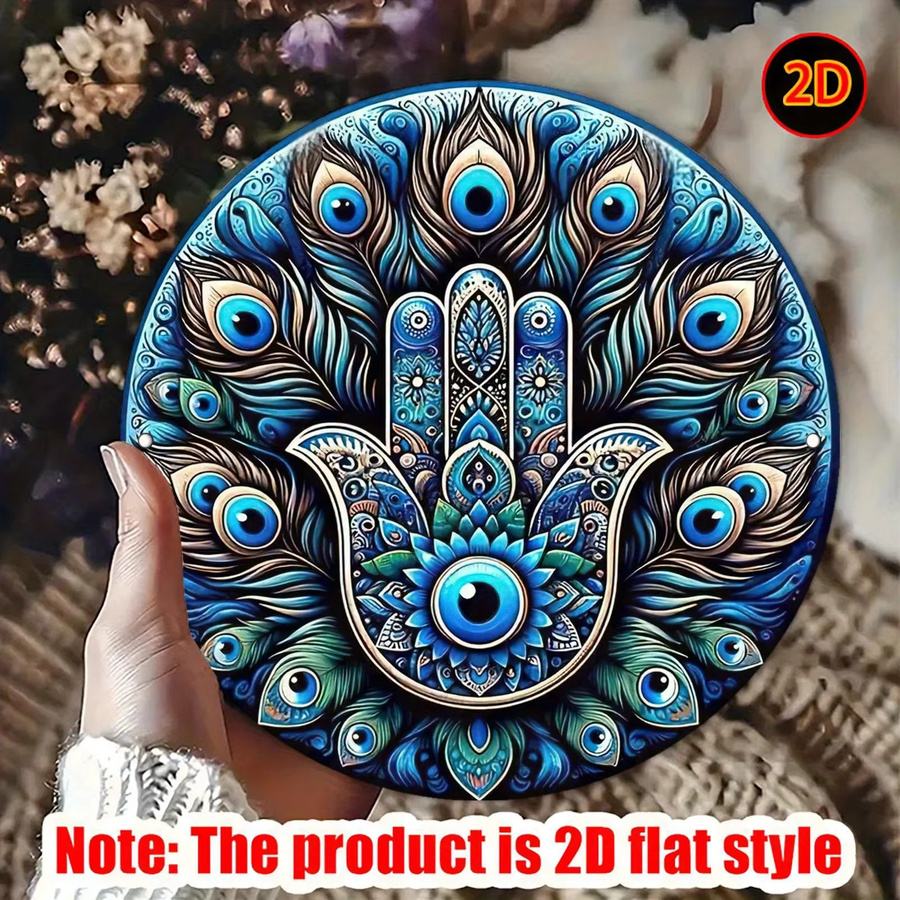 CIFBUY Vintage Hamsa Hand Wandkunst aus Metall in Blau und Türkis mit Pfauenfeder-Design und floralem Ornament - Bild 2