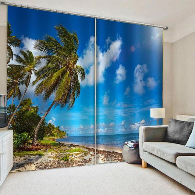 Moderne 3D Ozeanlandschaft Fenstervorhänge mit Küstenstrandmotiv, 2er-Set, Blau, Polyester, B: 50 cm, H: 130 cm - Bild 1
