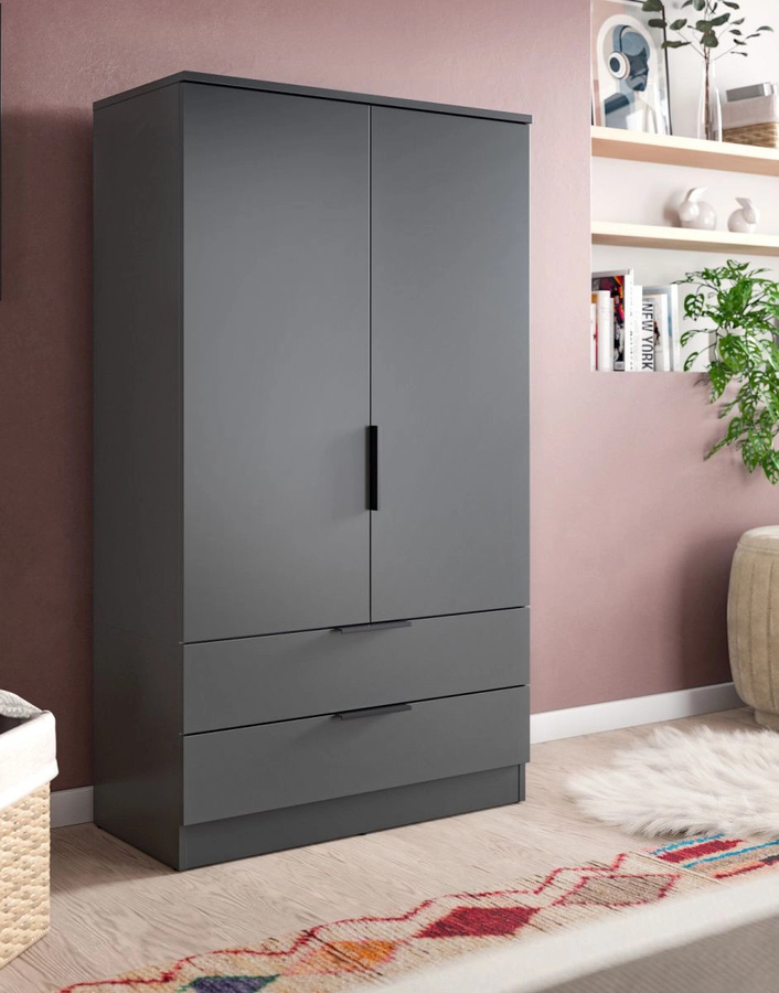 Kleiderschrank Swan 2-türig in Grau mit integrierten Schubladen und Kleiderstange, B/H: 80 x 140 cm - Bild 2