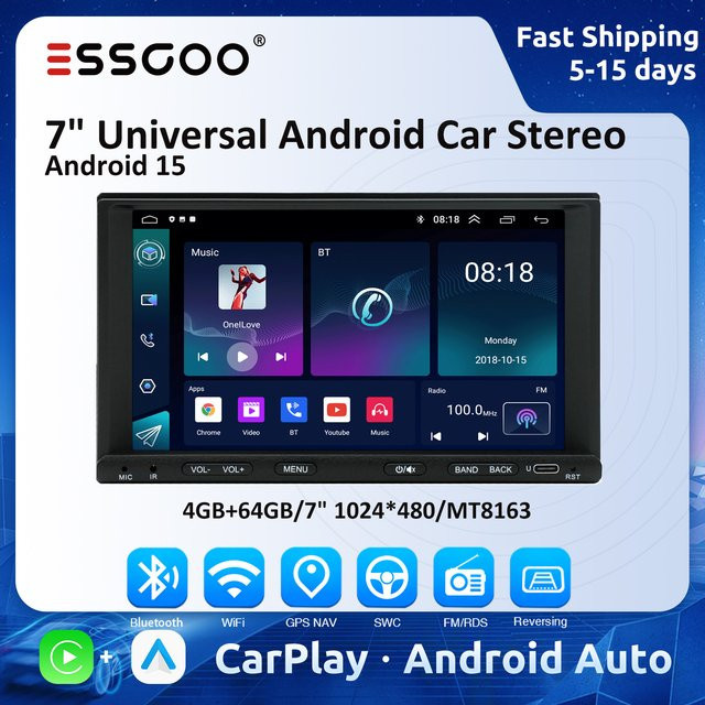 ESSGOO 7 Zoll Universal-Autoradio mit Android, Carplay und GPS in Schwarz - Bild 1