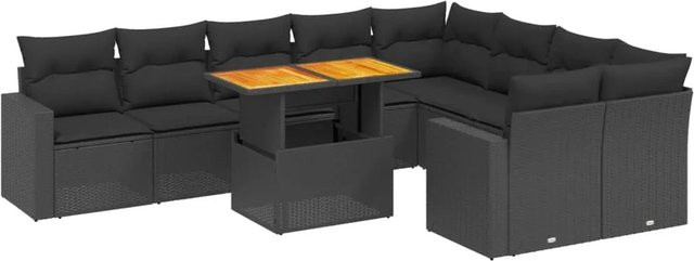 vidaXL 10-tlg. Garten-Sofagarnitur in L-Form aus Polyrattan und Akazienholz mit Kissen, Schwarz - Bild 1