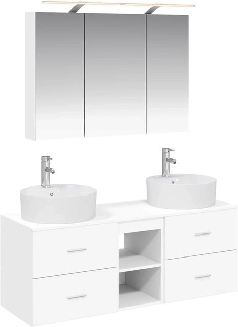 vidaXL Badezimmermöbel-Set 4-teilig in Weiß mit Waschtischunterschrank, Spiegelschrank und LED-Beleuchtung aus MDF und Glas - Bild 1