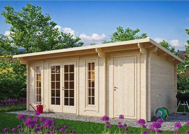 Fjordholz Gartenhaus Modell Jacob 44 B Blockhaus mit Abstellraum in Grau und Beige - Bild 1