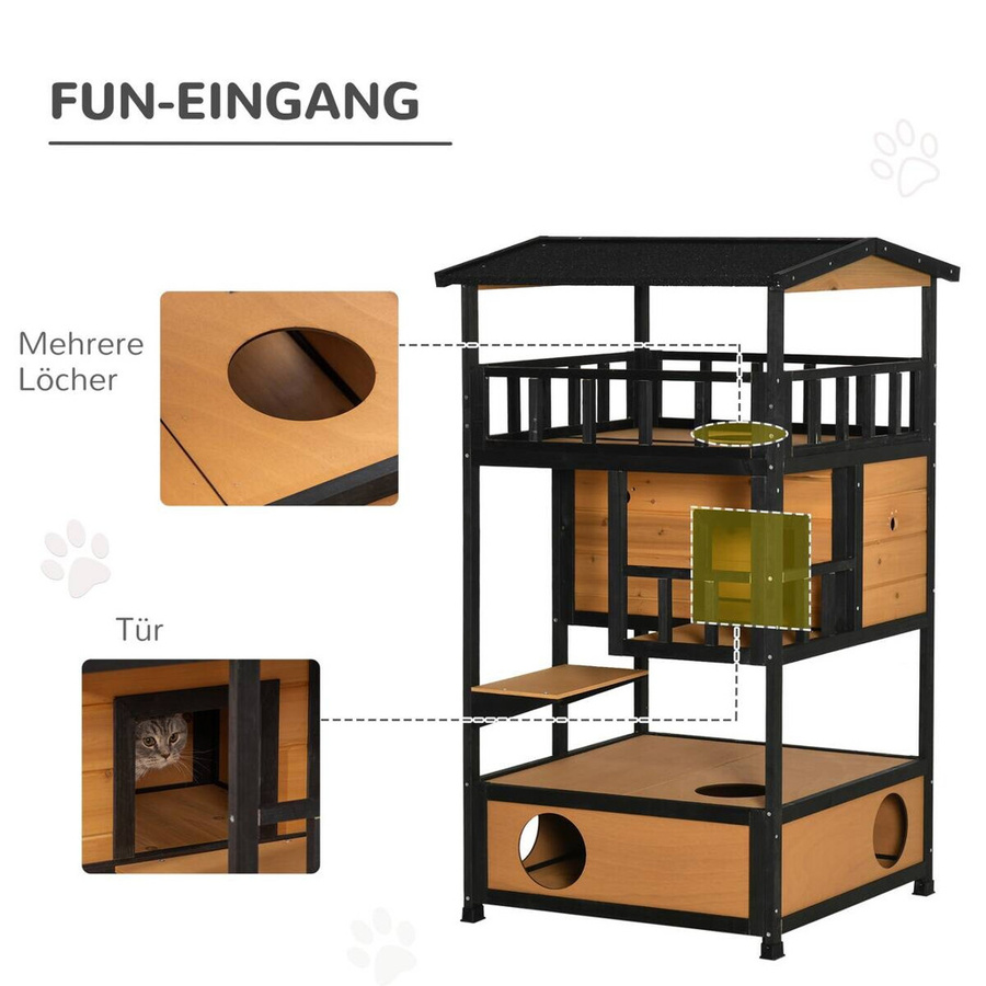 PawHut Katzenhaus aus Tannenholz in Schwarz, wetterfest mit erhöhtem Boden, B/H/T: 75 x 137 x 75,5 cm - Bild 3