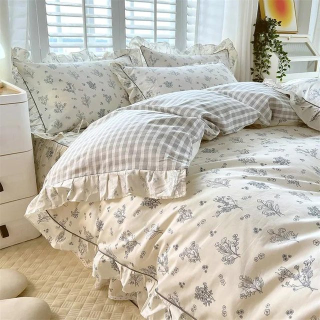 Bin Chi Textiles Bettbezug-Set mit Rüschen im Prinzessinnenstil aus 100% Baumwolle, Floral, Weiß, B/H: 180 x 220 cm - Bild 1