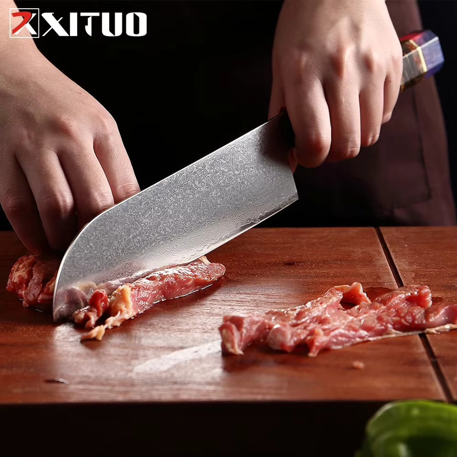 XITUO 7-teiliges Küchenmesser-Set aus Damaszener Stahl in Multicolour mit stabilen achteckigen Holzgriffen inklusive Santoku, Hackmesser, Schälmesser, Brotmesser, Ausbeinmesser und Kochmesser - Bild 3
